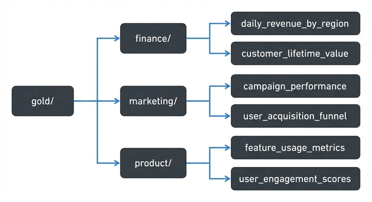 Unlike Bronze and Silver, which are technical layers, Gold is organized around business domains