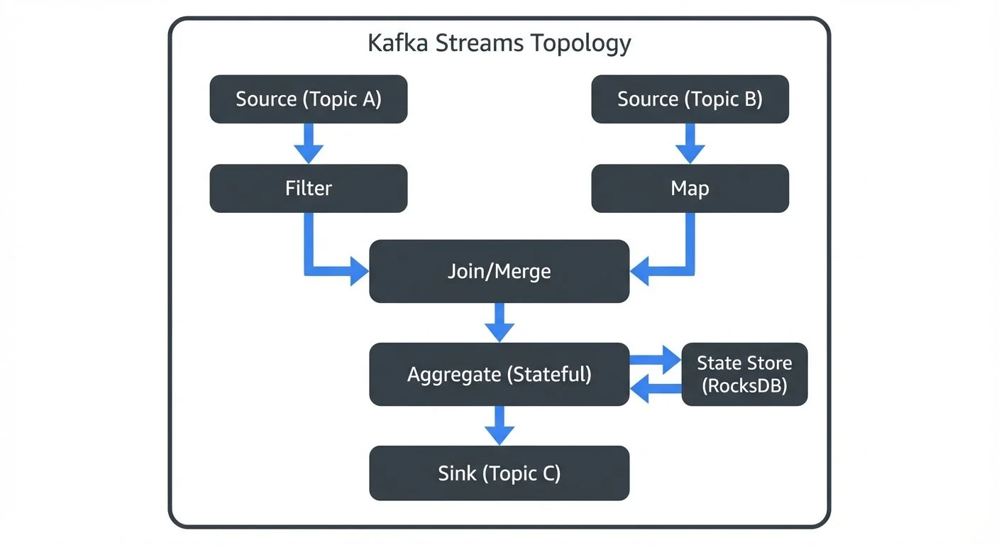 A Kafka Streams application defines a processing topology - a graph of stream processors connected by streams. The topology describes how data flows through your application