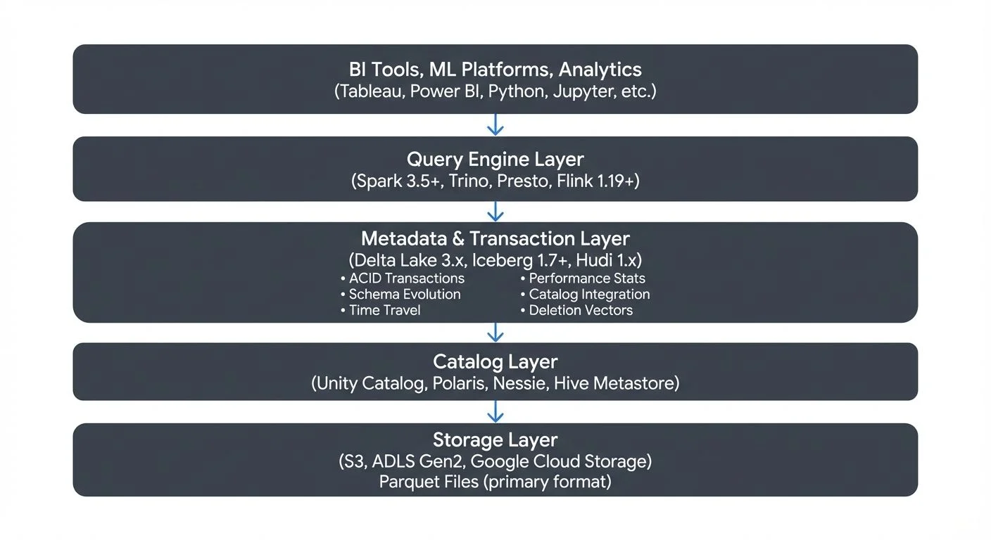A typical lakehouse architecture consists of several key layers