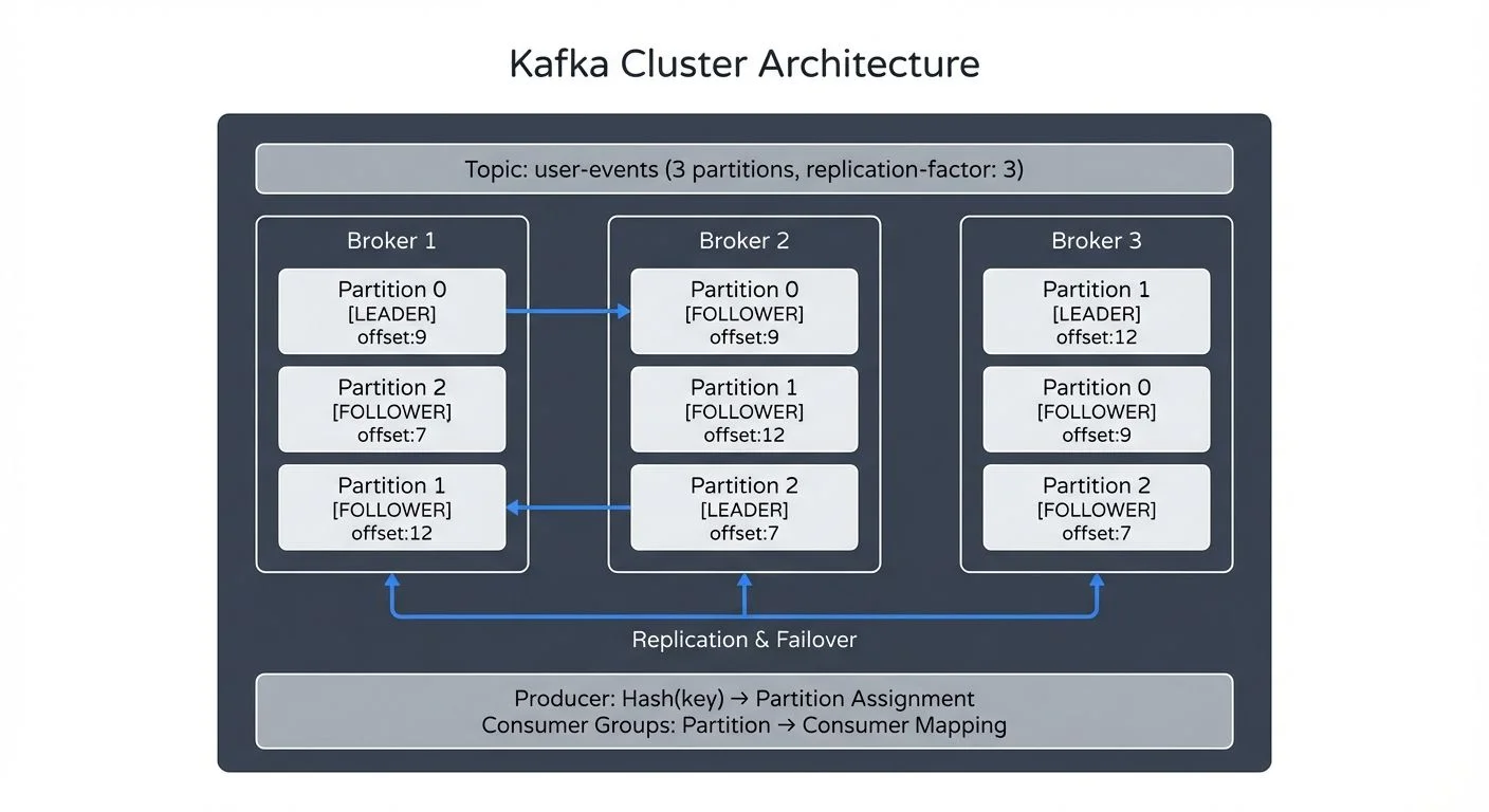 The interaction between topics, partitions, and brokers creates Kafka's distributed log architecture