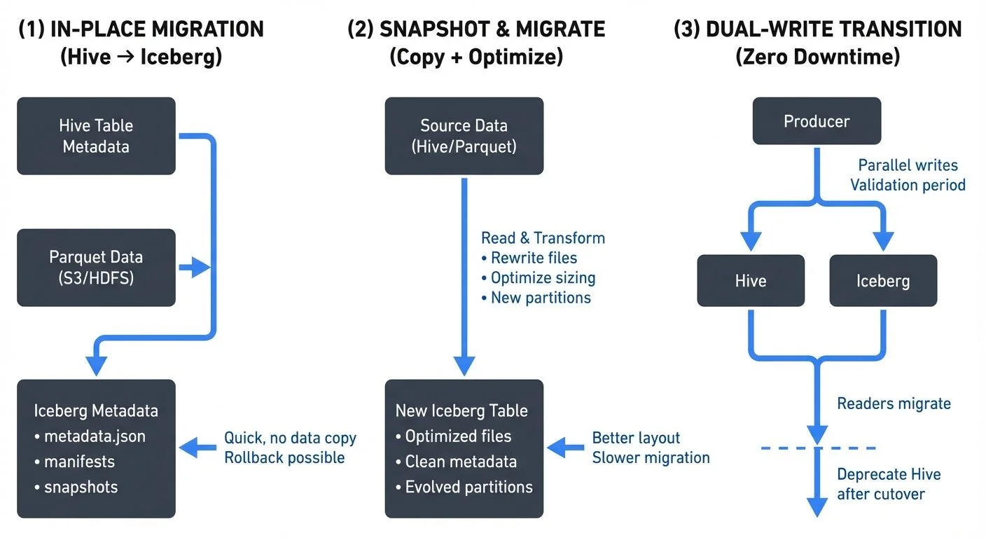 Migration strategies: in-place vs snapshot vs dual-write