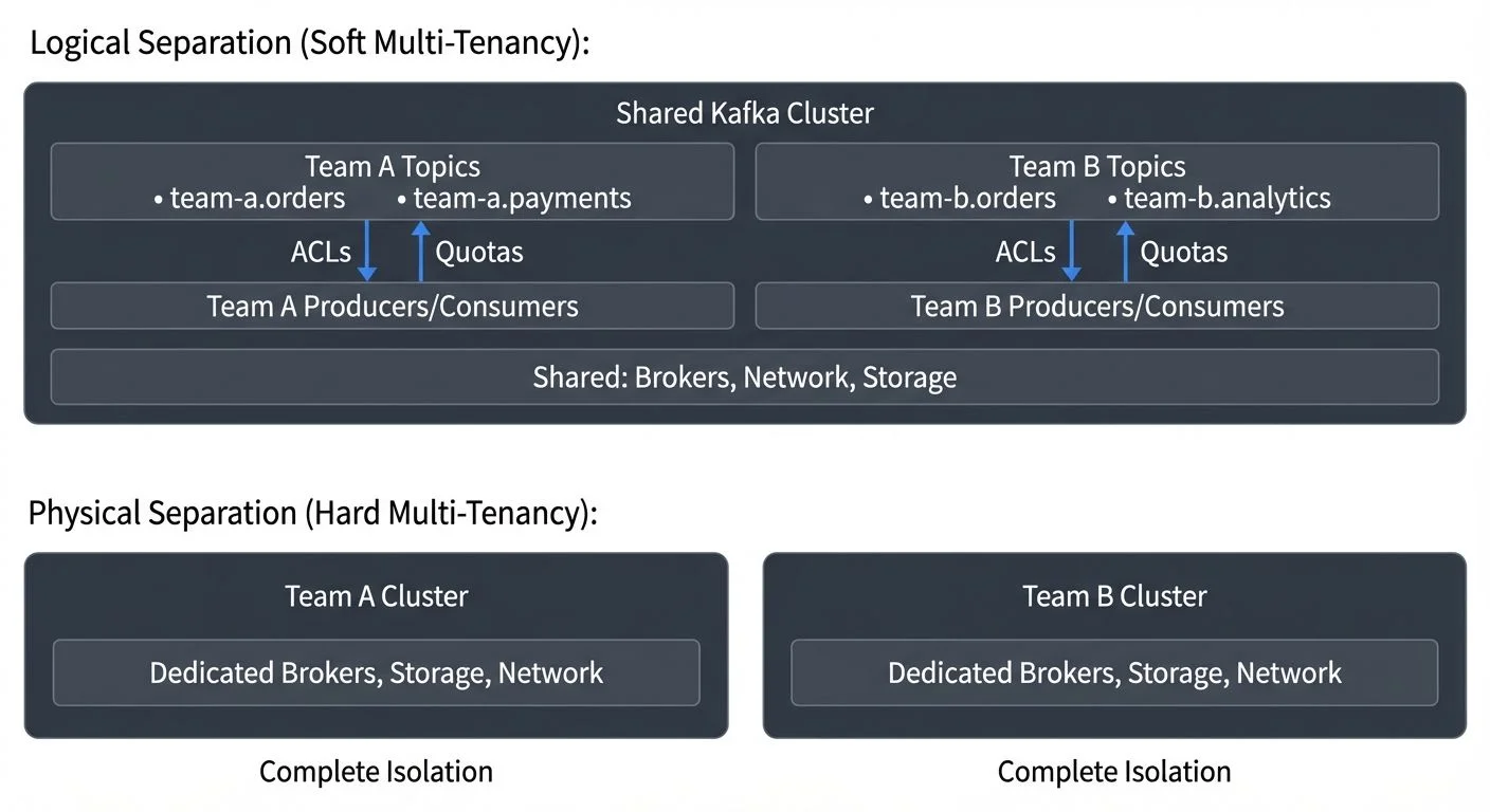 Organizations can implement multi-tenancy in Kafka using different models, each with distinct trade-offs