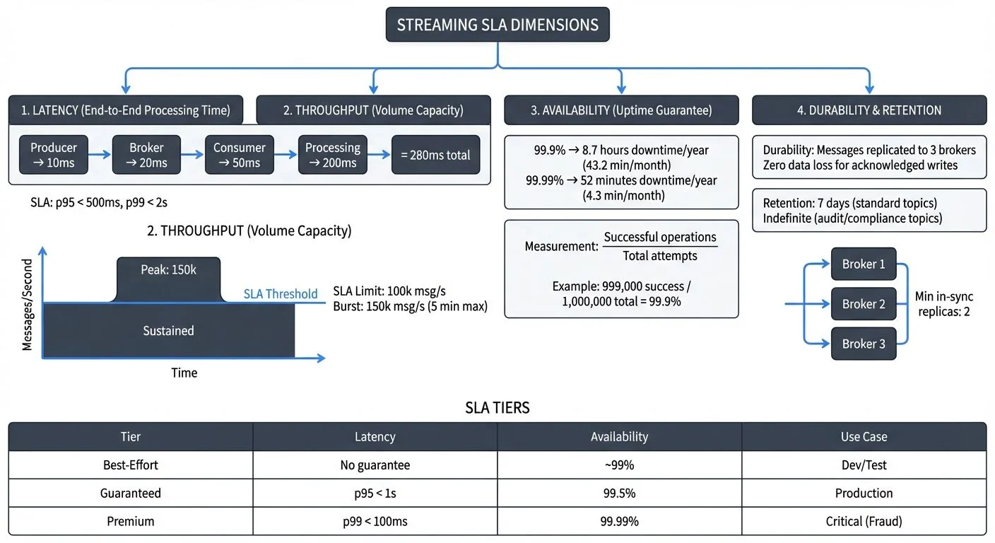 Streaming SLA dimensions showing latency, throughput, availability, and durability