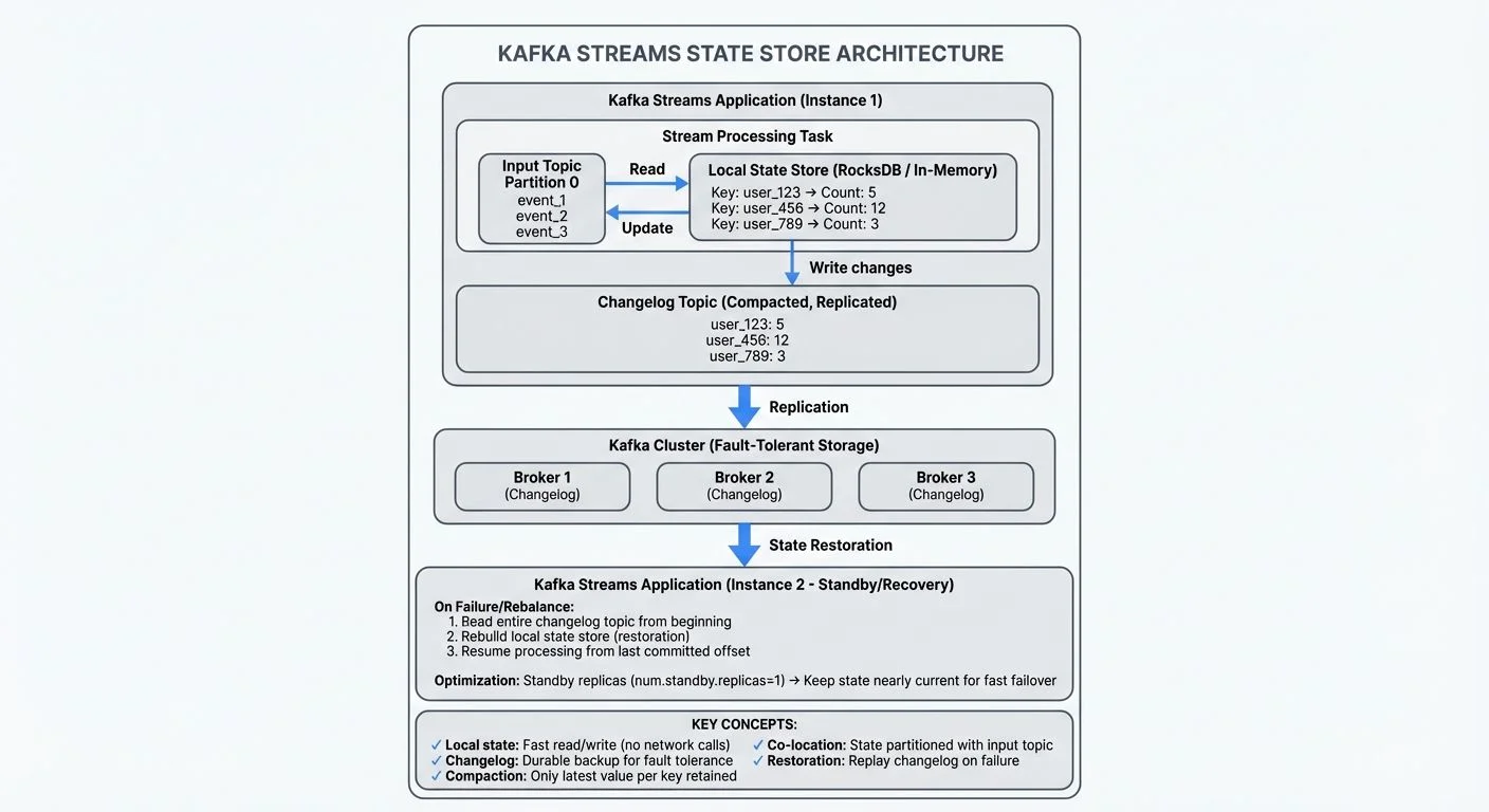 State store architecture showing local storage backed by changelog topics